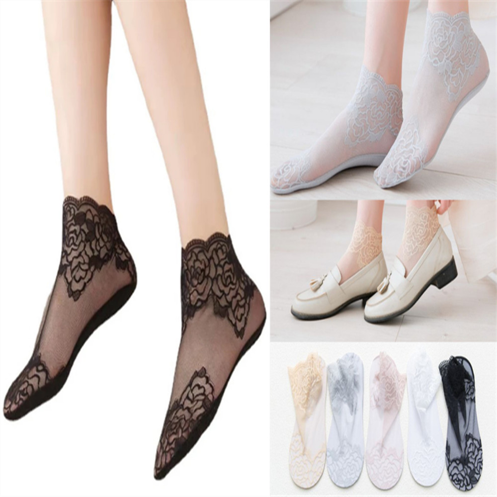 Invisibility Sock Loafer - Damskie koronkowe, cienkie skarpetki w róże,