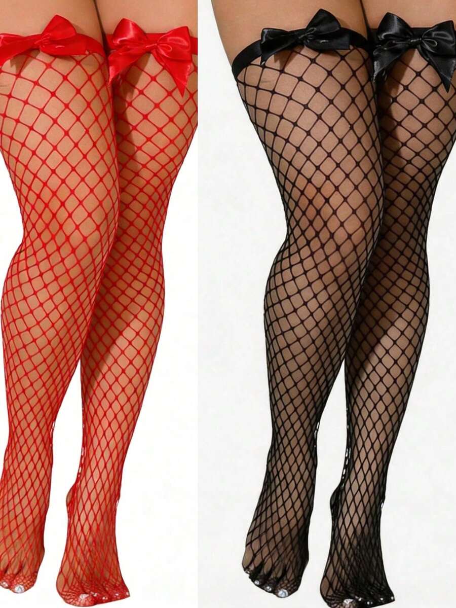 Fishnet Stocking Women - Pończochy kabaretki z kokardką, elastyczne, ażurowe,